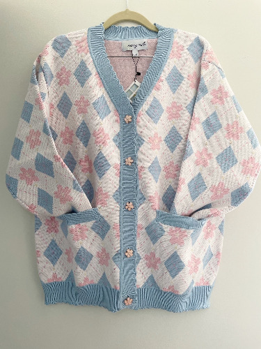 Sakura Argyle Cardigan | S/M / Blue/Pink