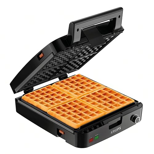 KRUPS 4-Slice Belgian Waffle Maker: Stainless Steel, 5 Browning Levels, Audible Ready Beep, Removable Plates, 1200W, Silver/Black - Perfect for Family Breakfasts - Maker