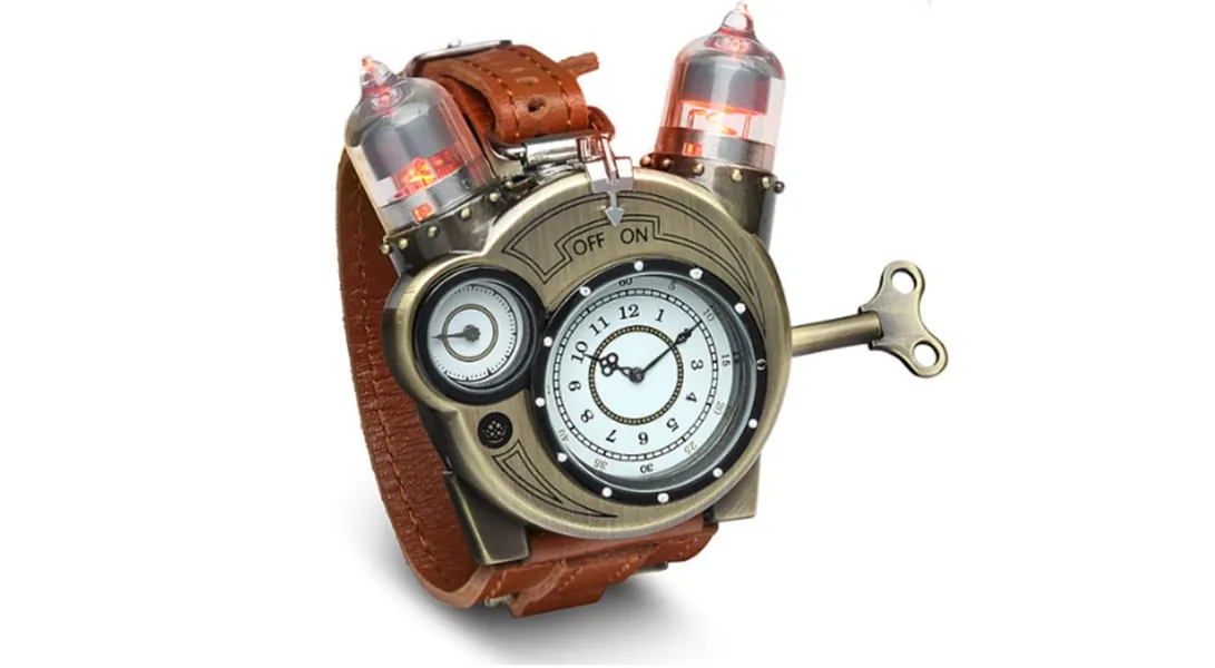 ThinkGeek Steampunk-Styled Tesla Analog Watch Weathered-Brass Look on Metal Findings Plus Leather Strap - 
