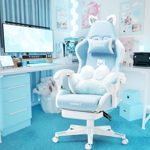 Vigosit Cute Kawaii Gaming Chair with Cat Paw Lumbar Cushion & Cat Ears, PC Game Reclining Chair for Girl, Teen, Kids, Blue