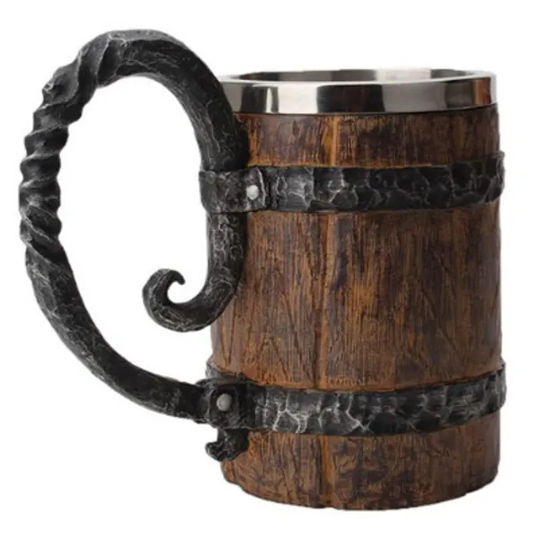 Wooden Beer Mug, Retro Simulation Wooden Barrel Double Layer Stainless Steel Beer Cup Coffee Mug, Handmade Beer Mug