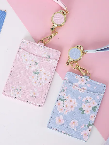 1pc Flower Print Card Cover With Lanyard