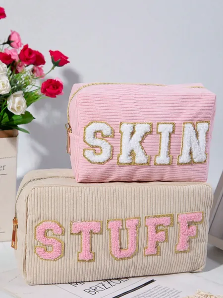 2Pcs Towel & Corduroy Cosmetic Bag Set With Embroidered Initial Letter Monogram, Large Capacity For Daily Use And Traveling,Makeup Bag Makeup Pouch Skincare Bag Toiletry Bag Packing Cubes,Travel Essentials Cruise Essentials Dorm Essentials,Wedding Bridesmaid Gifts,Mom Gifts,Birthday Gifts,Gifts For Friends And Teachers,Home Decor,Bathroom Livingroom Bedroom Decor,Bathroom Organizer,Jewelry Organizer,Lip Oil Organizer,Nail Polish Organizer Makeup Bag Storage Makeup Organizer Makeup Case