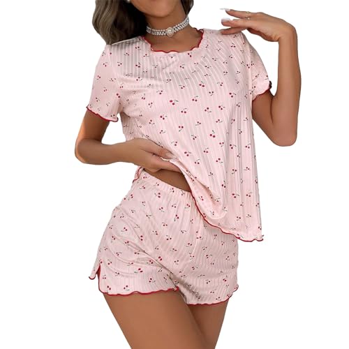 Women Pajamas Set 2 Piece Outfits Short Sleeve Cherry Print Frill Tops+Elastic Waist Shorts Cute & Comfy Cherry Print Pajamas Y2K Trendy Outfits 2 Piece Outfits Loungewear - S - Pink