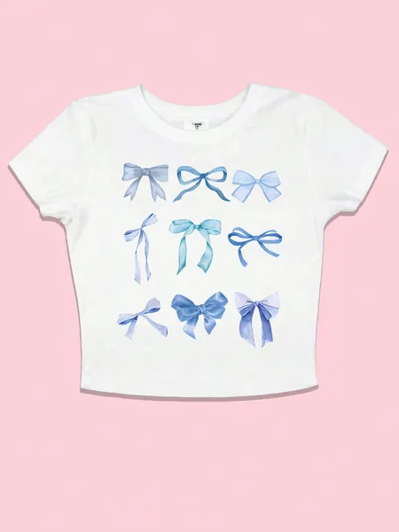 SHEIN EZwear Y2k Bowknot Print Short Sleeve T-Shirt
