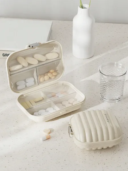 1pc Portable Cream-Colored Pill Organizer With Seven Grids For Each Day, Mini Medicine Box For Travel Use