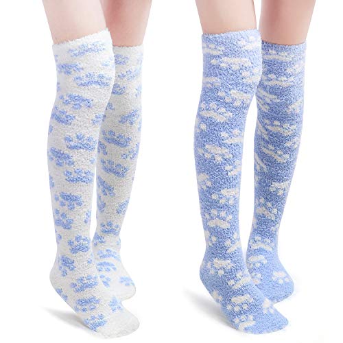 Littleforbig Cute Coral Fleece Thigh High Long Paws Pattern Socks 2 Pairs - Large - Blue