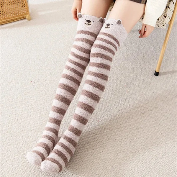 Bear Brown Stripe Winter Warm Cozy Knee High Socks 1 Pair - Neutral Bear / One Size