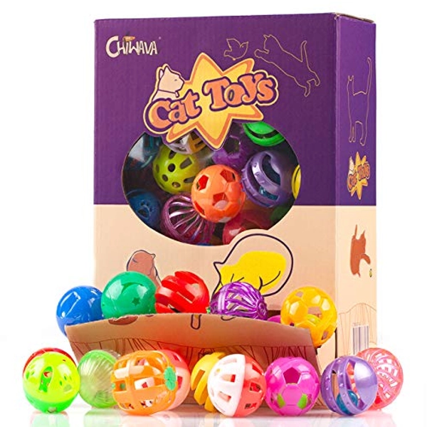 Chiwava 48 Pack Cat Plastic Noisy Cat Toy Balls with Rattle Bell Kitten Chase Pounce Play Assorted Species