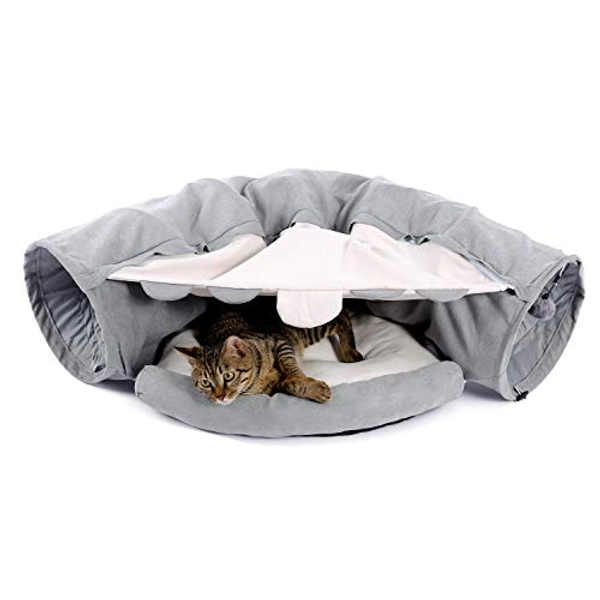 PAWZ Road Cat Tunnel Bed, 2-in-1 Cat Tube Nest Multi-Function Pet Tunnel Toy with Soft Cushion and Dangling Ball Toy for Indoor Cats Rabbits Grey
