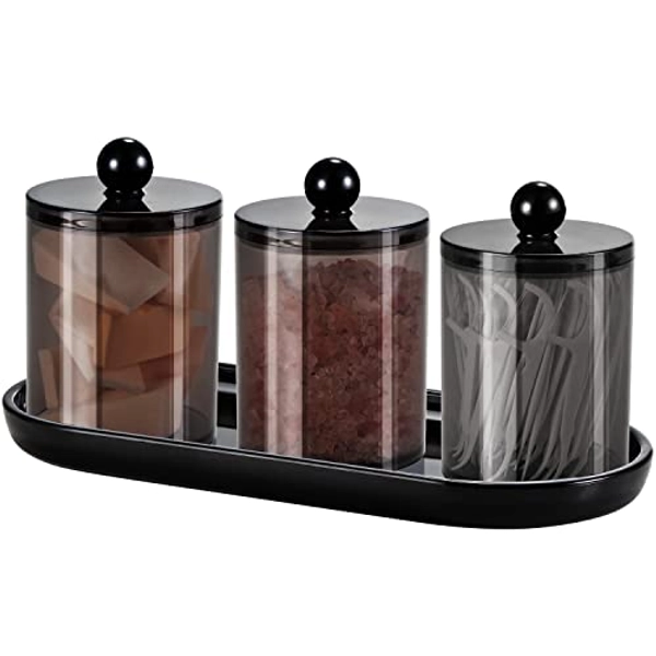 Qtip Holder Bathroom Set with Tray(4PCS) - 3 Pack Acrylic Plastic Apothecary Jars Qtip Dispenser Canister with Lid and Labels, 1 Pack Vanity Tray, for Cotton Ball, Cotton Swab (Black)