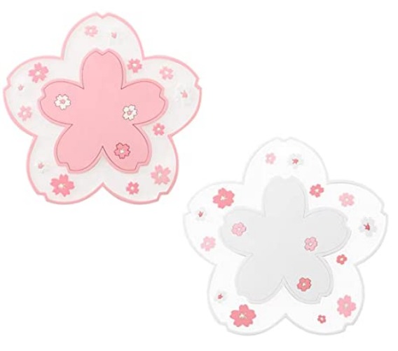 2 Pcs Sakura Coasters for Drinks, Cherry Blossom Cup Mats Non-Slip Drink Coaster for Coffee Table Home Decor Offices Housewarming Gift for Women, Prevent Furniture from Dirty Scratched (White + Pink) - Sakura Coasters