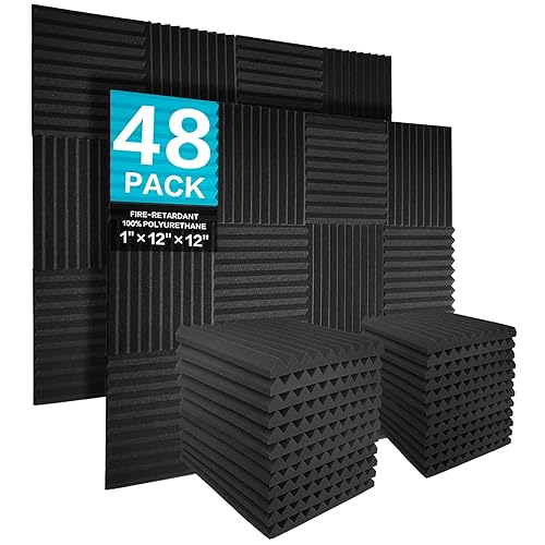 JBER Sound Proof Foam Panels Studio Acoustic Foam Panels,48 Pack 1" X 12" X 12"Soundproofing Wedges Sound Proof Padding Fireproof Acoustic Treatment Foam for Home Office - Black - 1" of 48 PACK - Black