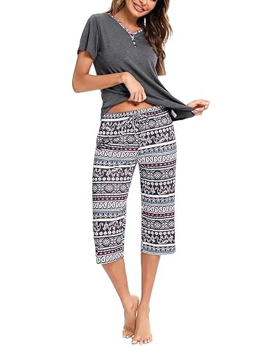 Uniexcosm Pigiama Donna Cotone Estivo Pigiama da Donna Girocollo Set da Donna con Pantaloni Corti Stampati a 3/4 - Pat4 - S