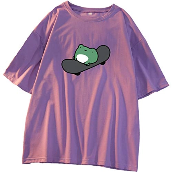 Skateboard Frog Summer Women Short Sleeve T-Shirt Cartoon Printing Pattern Kawaii Korean Tops - M - Purple