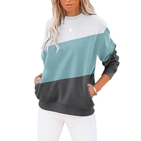 EGSDMNVSQ Pullover Top da Donna Felpa Color Block Felpa Girocollo Camicia A Maniche Lunghe Senza Cappuccio Top Sportivi Camicetta Donna Streetwear Allentato Outdoor Casual - S - C Blu
