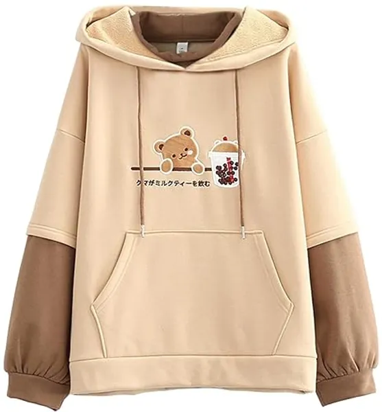 YINGKE Donna Felpa con Cappuccio Kawaii in Stile Harajuku Carino Giapponese con Stampa Orso Ricamato a Maniche Lunghe con Cappuccio da Donna - S - Beige