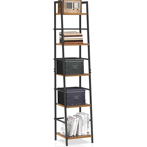 BAKAJI Scaffale Libreria 5 Livelli Design Industrial, Unità di Mensole Multiuso con Struttura Metallo Nero e Ripiani Scaffalatura da Terra Design Industrial Ideale per Casa, Ufficio, Soggiorno, Cucina