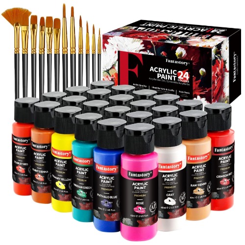 Fantastory Acrylic Paint Set, 24 Classic Colors(2oz/60ml), Professional Craft Paint, Art Supplies Kit for Adults & Kids, Canvas/Fabric/Rock/Glass/Stone/Ceramic/Model/Wood Painting with 12 Brushes - 24 Colors Set