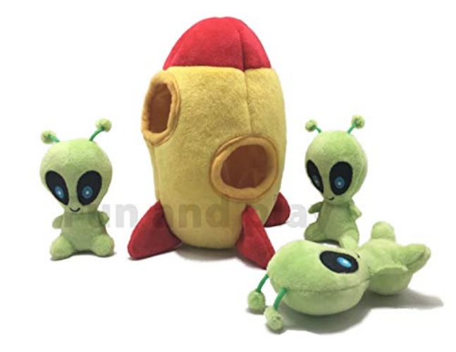 MODERN WAVE - Interactive Squeaky Plush Hide and Seek Squirrel Type Puzzle Toy for Dogs, Small Size (Spaceship and Aliens) - Spaceship and Aliens
