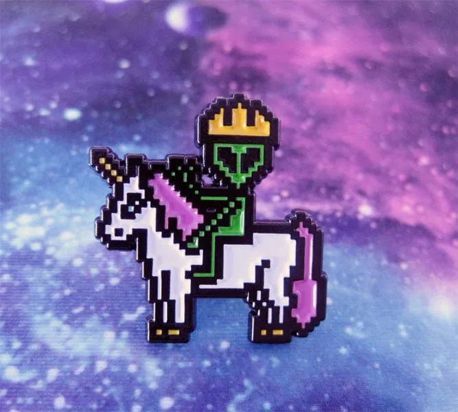 Alien Pin, Alien Enamel Pin, Alien on Unicorn Pin, Alien Badge, Alien Riding Unicorn, Hat Pin, Lapel Pin, Unicorn Pin. 8 bit