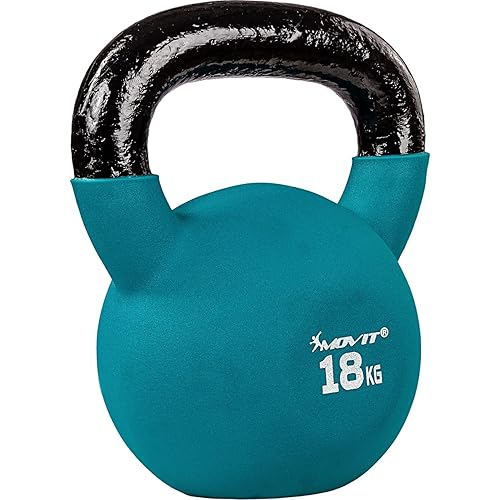 MOVIT Kettlebell PRO, Kugelhantel aus Gusseisen mit Neoprenbeschichtung, 12 Varianten: 2 bis 24 kg, schadstoffgeprüft, Schwunghantel Kugelgewicht - i - 18,0 kg (petrol)