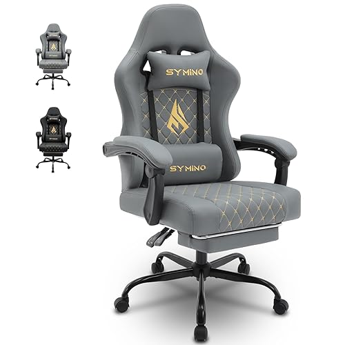 Symino Gaming Chair with Footrest, Computer Ergonomic Video Game Chair, Adjustable Swivel Task Chair with Lumbar Support, PC Chair, Office Chair PU Leather, Gray - Grey - Iron frame