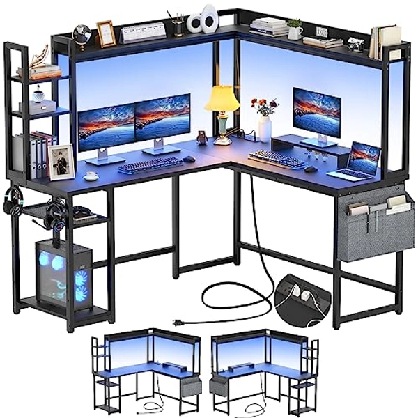 Aheaplus L Shaped Desk with Power Outlet, L Shaped Gaming Desk with Led Light & Hutch, Reversible Home Office Desk, Corner Computer Desk Writing Desk with Monitor Stand & Storage Shelves, Black