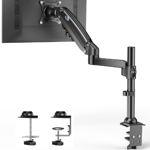HUANUO Single Monitor Stand - Gas Spring Single Arm Monitor Desk Mount Fit 17 to 32 inch Screens, Height Adjustable VESA Bracket with Clamp, Grommet Mounting Base, Hold up to 19.8lbs