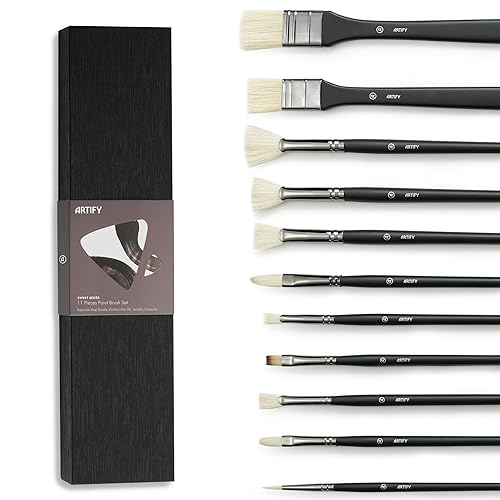 ARTIFY Oil Paint Brush Set - 11 Pieces | Professional Artist Paint Brush Set for Oil Painting | Natural Hog Bristle Brushes with an Additional Nylon Brush, Perfect for Oil, Acylic and Gouache - 11 pcs Black