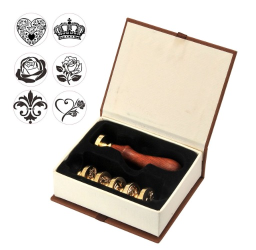Mogoko Fancy Patterns Wax Sealing Stamps Set, 1 Piece Wooden Handle and 6 Pieces Removable Sealing Copper Head, Vintage Classical Seal Stamp Kit with Gift Box