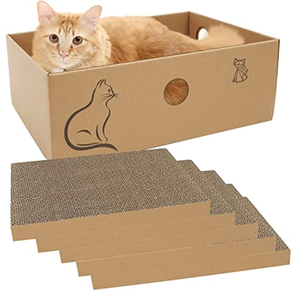 MUAEEOK Cardboard Cat Scratcher with Box, 5 PCS Reversible Cat Scratch Pad Replace for Cat Book Scratcher, Corrugated Cardboard Scratching Lounge for Indoor Kitty to Rest and Play (Medium) - Medium