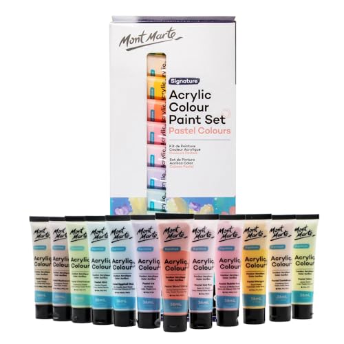 MONT MARTE Acrylic Colour Pastel Paint Set Signature 12pc x 36ml (1.2 US fl.oz), Creamy Pastel Acrylic Paint Set, Good Coverage, Semi-Matte Finish, Ideal For Most Art and Craft Surfaces. - Pastel - 12 pc