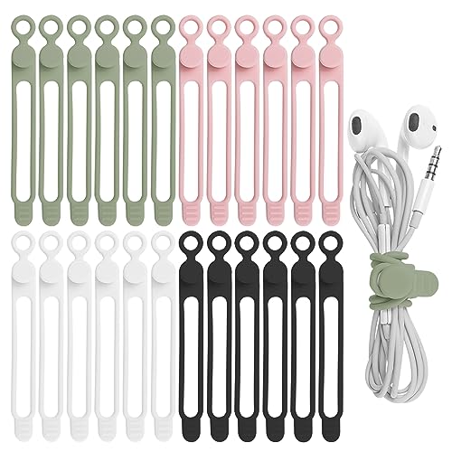 Nearockle 24Pcs Silicone Cable Straps Wire Organizer for Earphone, Phone Charger, Mouse, Audio, Computer, Reusable Cable Ties Cord Organizer in Home, Office, Kitchen, School (4 Colors) - 4.2 Inch - Multicolor B