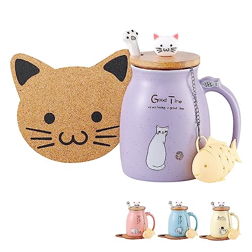 Kawaii Tea Cup with Infuser Cat Mug Ceramic Coffee Mugs Cute Mugs with Lid Spoon Gifts for Cat Loves (Purple) - Purple