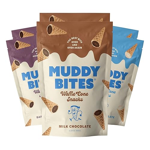Muddy Bites Waffle Cone Snacks Bite Sized Filled Cone Bites for Snack or Dessert, Milk, Dark & White Chocolate, Made with Cane Sugar, Kosher, Fair Trade Certified (Variety Pack, 6 Bags) - Variety Pack - 1 Count (Pack of 6)