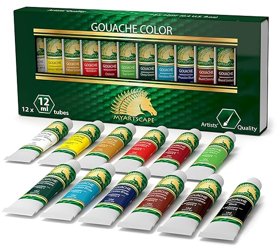 MyArtscape Gouache Paint Set - 12 x 12ml Tubes - Artist Quality - Lightfast - Premium Vibrant Colors - Fade-proof - Rewettable - High Pigment Load - Professional Painting Supplies