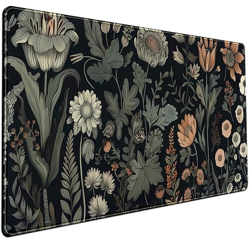 Black Aesthetic Vintage Desk Mat Dark Flower Plants Mouse Pad Wildflowers Large Gaming Mousepad Desk Pad XXL Keyboard Mouse Mat Full Desktop Mat Women Desk Cover Mat for Work Office Home 31.5x15.8 in - Vintage Plants