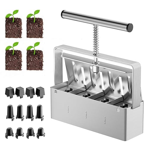 NVRGIUP Soil Blocker, 4 Cell Soil Block Maker 2 Inch with 3 Sizes Seed Pins, Seed Handheld Block Maker with Comfortable Handle, Garden Blocking Tools for Seedings, Cuttings, Greenhouses - 4 Cell Soil Blocker