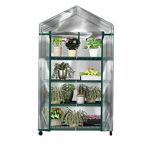 4 Tier Mini Greenhouse - Portable Greenhouse with Locking Wheels and PVC Cover for Indoor or Outdoor - 27 x 19 x 63-Inch Green House by Home-Complete - 4-Tier