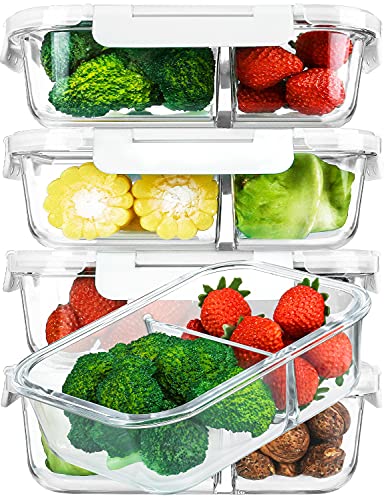 [5-Pack,36 Oz]Glass Meal Prep Containers 2 Compartments Portion Control with Upgraded Snap Locking Lids Glass Food Storage Containers, Microwave, Oven, Freezer and Dishwasher (4.5 Cups, White) - White