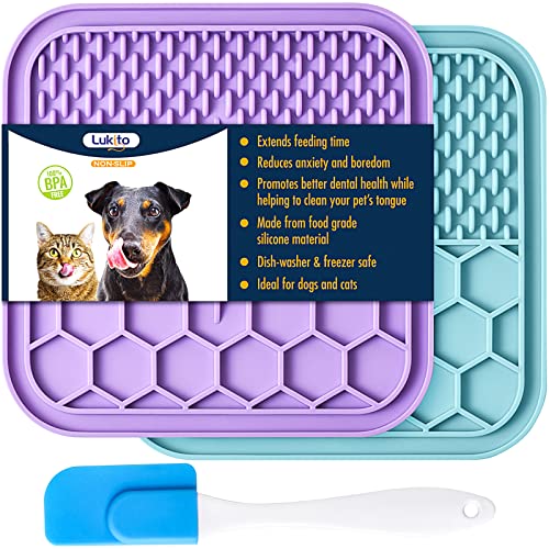 LUKITO 2PCS Licking Mat for Dogs with Suction Cups, Premium Lick Pad for Anxiety Relief, Slow Feeder Dog Bowls, Perfect for Bathing, Grooming and Training - Small-Blue&Purple+1 Spatula