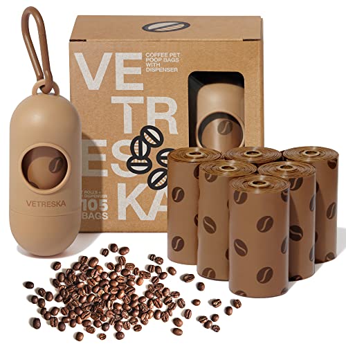 VETRESKA Dog Poop Bag Dispenser with Coffee Scented Waste Bags, Leak Proof, Extra Thick and Large Pet Poop Bags, 1 Count Bag Holder and 105 Count Bags (7 Refill Rolls) for Dogs and Cats - 1 Dispenser+105 Bags