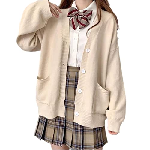 TXYJJP Womens Japanese Cute Kawaii Knitted Cardigan Sweater Cosplay Long Sleeve Button Down JK School Uniform Jacket - Small - Beige