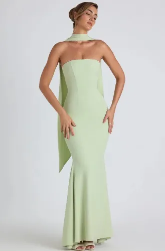 Imogene Scarf Detail Strapless Gown In Green - OHPOLLY