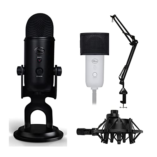 Blue Microphone Yeti USB Microphone (Blackout) Bundle with Shock Mount, Desktop Boom Arm Microphone Stand, Pop Filter for Use with Recording, Podcasting, and Streaming Microphones (4 Items) - Blue,Black