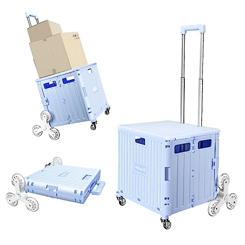 Honshine Foldable Cart with Stair Climbing Wheels, Collapsible Rolling Crate with Telescoping Handle, Handcart for Grocery Book File Tool Art Supplies(Blue) - Blue