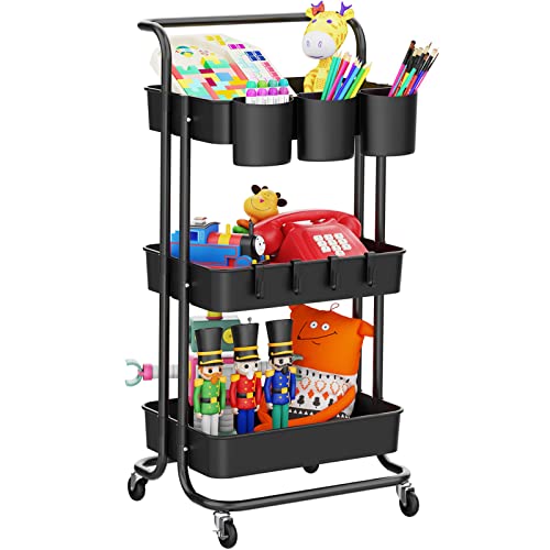 3-Tier Rolling Mobile Utility Cart with Hanging Cups & Hooks & Handle Multifunctional Organizer Storage Trolley Service Cart with Wheels Easy Assembly for Office, Bathroom, Kitchen (Black) - Black