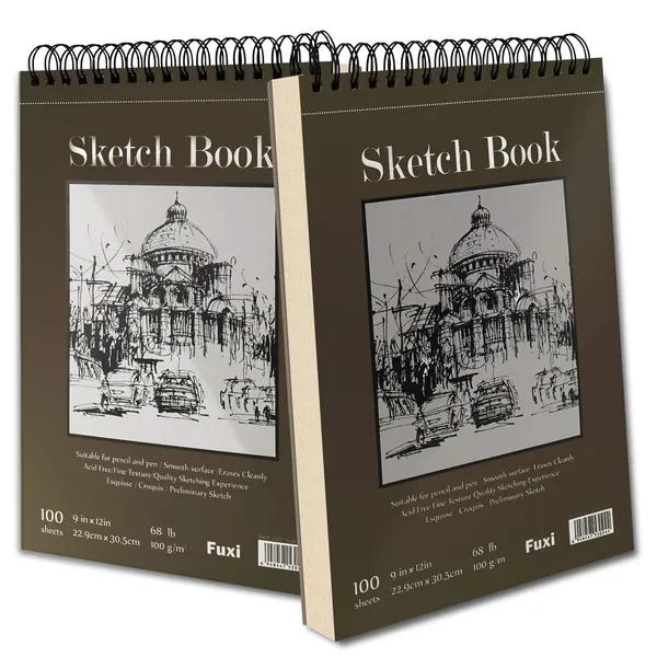 9" x 12" Sketch Book, Top Spiral Bound Sketch Pad, 2 Packs 100-Sheets Each (68lb/100gsm), Acid Free Art Sketchbook Artistic Drawing Painting Writing Paper for Kids Adults Beginners Artists - 2 Pack