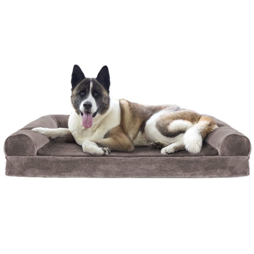FurHaven Faux Fur & Velvet Sofa-Style Cooling Gel Foam Dog Bed - Driftwood Brown, Jumbo (X-Large)